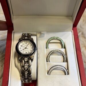 Anne Klein Silver Watch and Ring Set with Crystal Accents